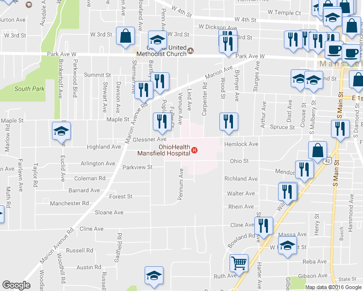 map of restaurants, bars, coffee shops, grocery stores, and more near 201 Vennum Avenue in Mansfield