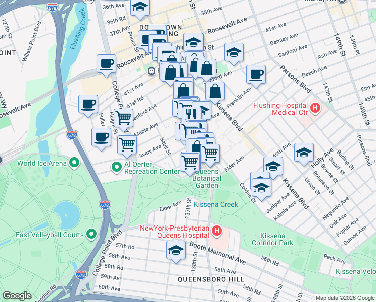 map of restaurants, bars, coffee shops, grocery stores, and more near 134-33 Blossom Avenue in Queens