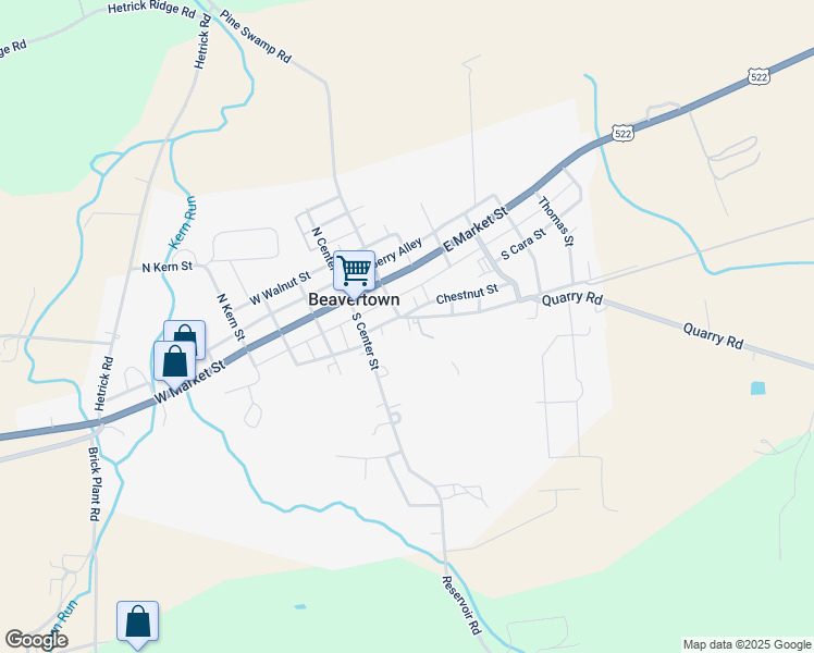 map of restaurants, bars, coffee shops, grocery stores, and more near 121 North Sassafras Street in Beavertown