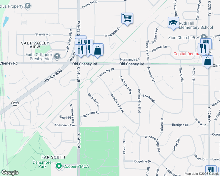 map of restaurants, bars, coffee shops, grocery stores, and more near 5830 Woodstock Avenue in Lincoln