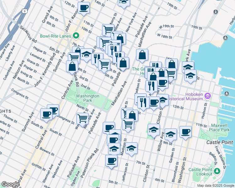 map of restaurants, bars, coffee shops, grocery stores, and more near 318 Palisade Avenue in Union City