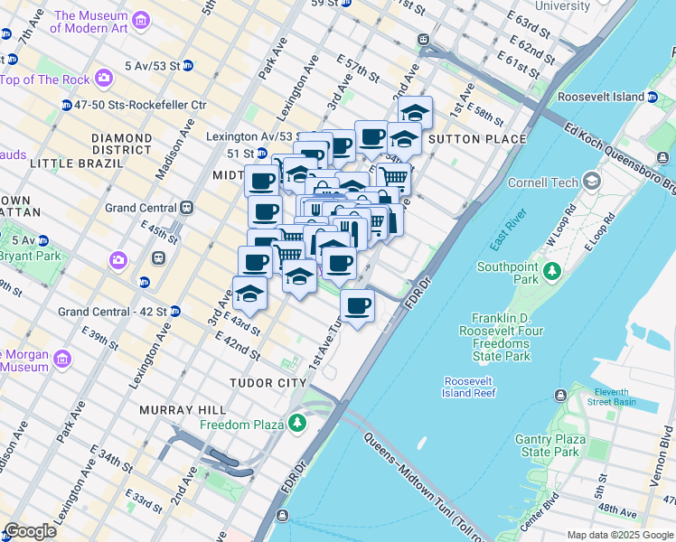 map of restaurants, bars, coffee shops, grocery stores, and more near 320 East 49th Street in New York