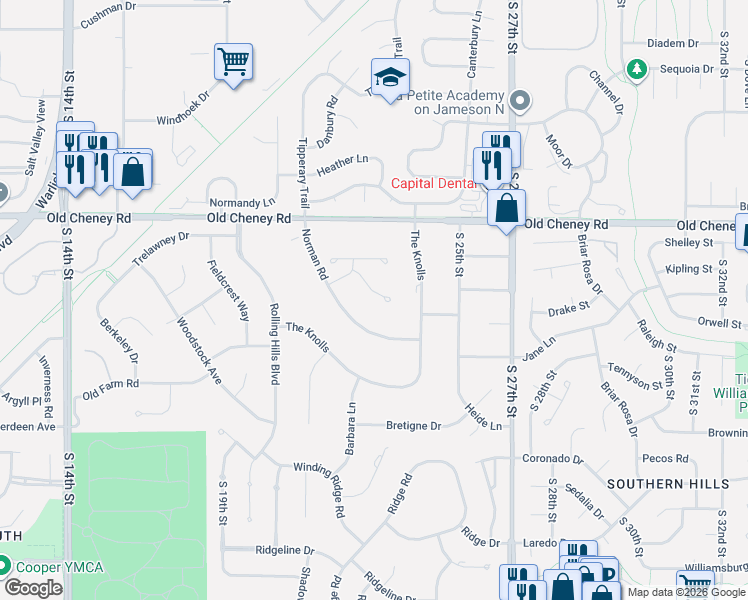 map of restaurants, bars, coffee shops, grocery stores, and more near 5910 Norman Road in Lincoln
