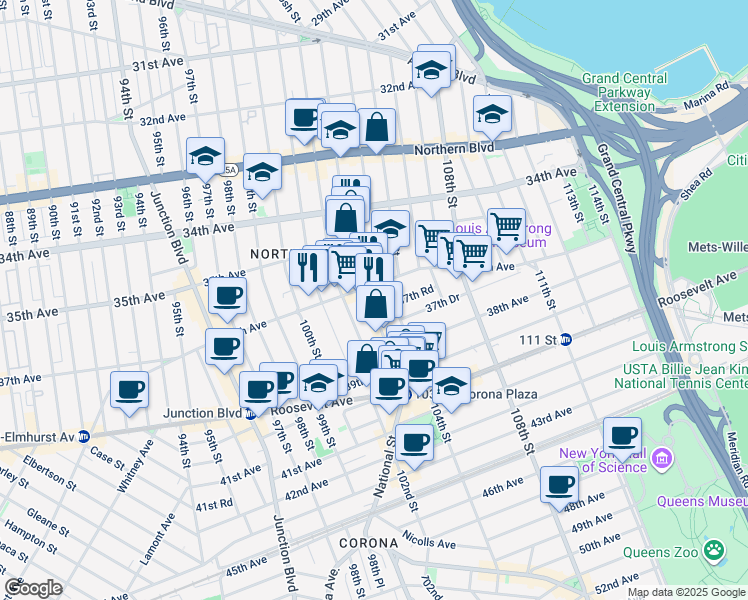 map of restaurants, bars, coffee shops, grocery stores, and more near 35-61 103rd Street in Queens