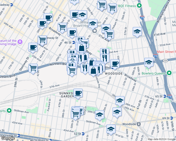 map of restaurants, bars, coffee shops, grocery stores, and more near 38 in Queens