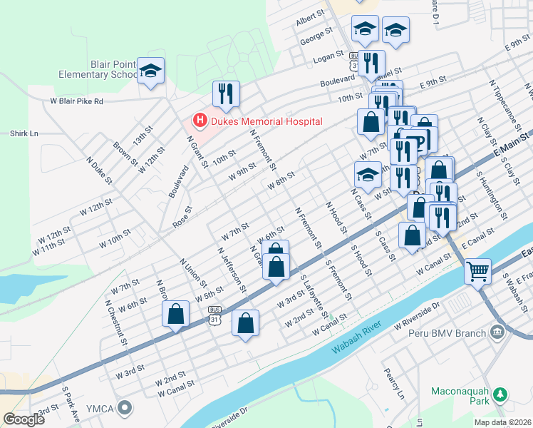 map of restaurants, bars, coffee shops, grocery stores, and more near West 7th Street in Peru