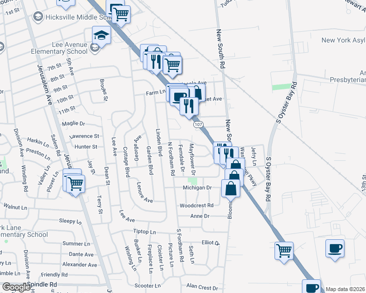 map of restaurants, bars, coffee shops, grocery stores, and more near 25 Ferndale Drive in Hicksville