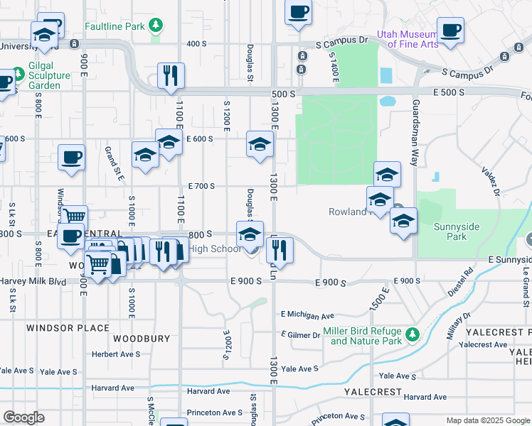 map of restaurants, bars, coffee shops, grocery stores, and more near 721 Douglas Street in Salt Lake City
