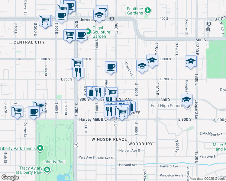 map of restaurants, bars, coffee shops, grocery stores, and more near 726 900 East in Salt Lake City
