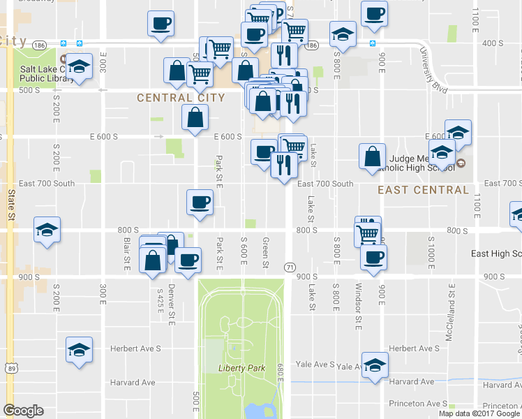 map of restaurants, bars, coffee shops, grocery stores, and more near 726 Green Street in Salt Lake City