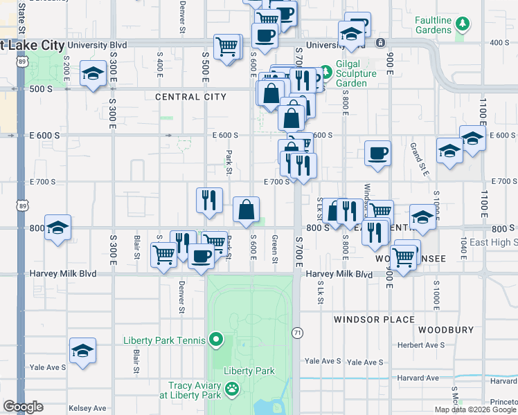 map of restaurants, bars, coffee shops, grocery stores, and more near 726 Green Street in Salt Lake City