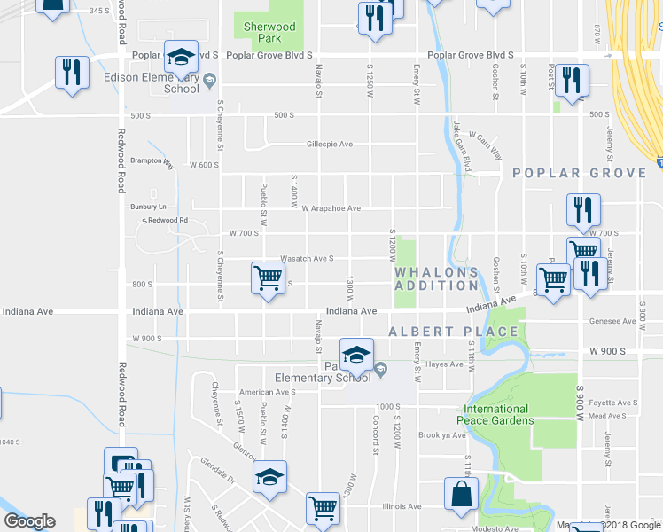 map of restaurants, bars, coffee shops, grocery stores, and more near 1314 Wasatch Avenue South in Salt Lake City