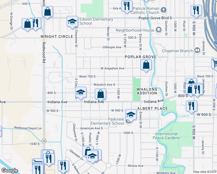 map of restaurants, bars, coffee shops, grocery stores, and more near 1362 Wasatch Avenue South in Salt Lake City