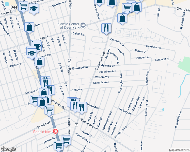 map of restaurants, bars, coffee shops, grocery stores, and more near 308 Commack Road in Deer Park