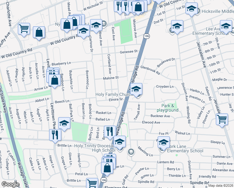 map of restaurants, bars, coffee shops, grocery stores, and more near 158 East Avenue in Hicksville
