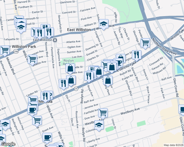 map of restaurants, bars, coffee shops, grocery stores, and more near 56 Brown Street in Mineola