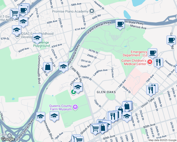 map of restaurants, bars, coffee shops, grocery stores, and more near 70-6 261st Street in Queens