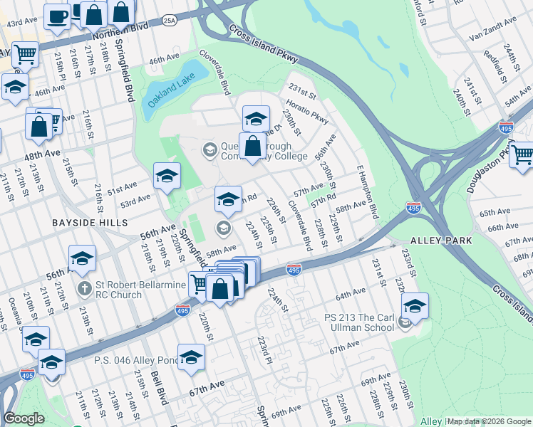 map of restaurants, bars, coffee shops, grocery stores, and more near 5639 226th Street in Queens