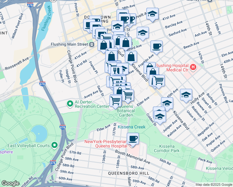 map of restaurants, bars, coffee shops, grocery stores, and more near 42-73 Main Street in Queens