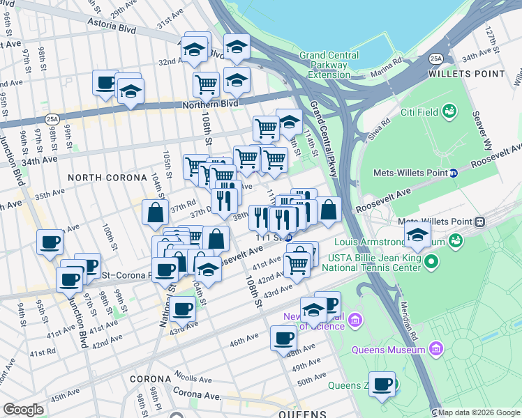 map of restaurants, bars, coffee shops, grocery stores, and more near 37-20 111th Street in Queens