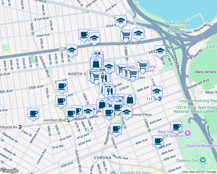 map of restaurants, bars, coffee shops, grocery stores, and more near 104-8 37th Avenue in Queens