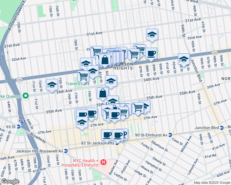map of restaurants, bars, coffee shops, grocery stores, and more near 34-9 83rd Street in Queens