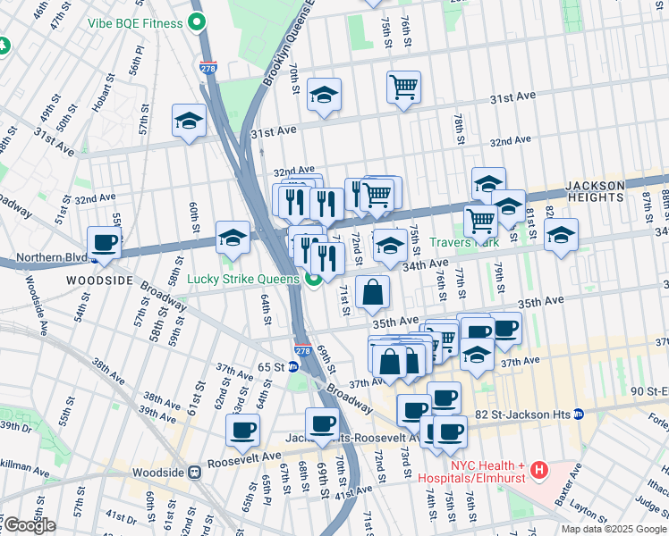 map of restaurants, bars, coffee shops, grocery stores, and more near 33-29 70th Street in Queens