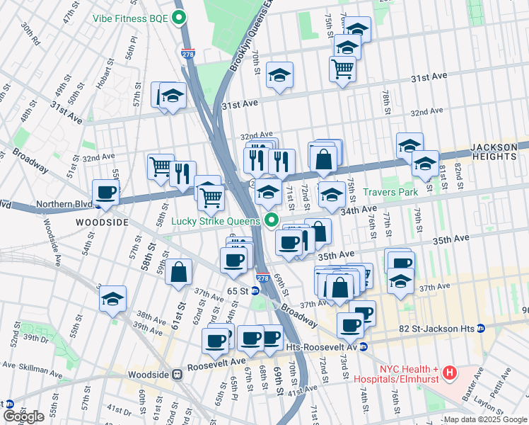 map of restaurants, bars, coffee shops, grocery stores, and more near 33-22 69th Street in Queens