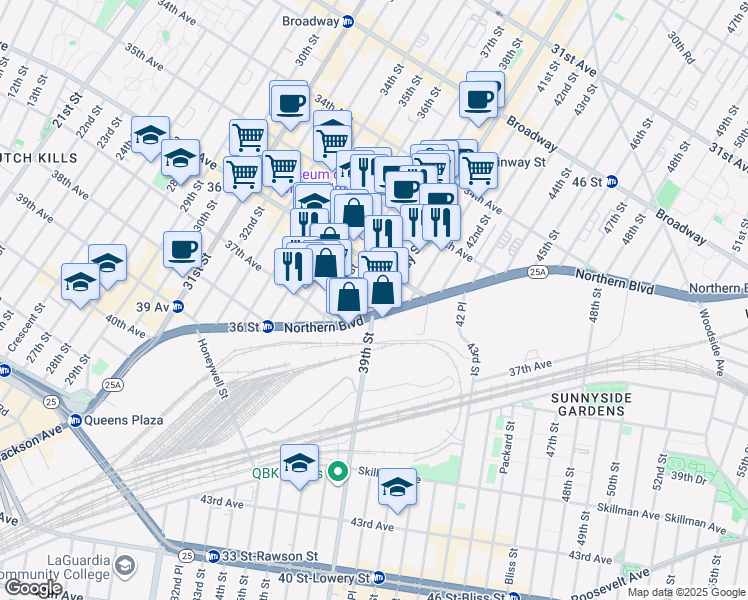 map of restaurants, bars, coffee shops, grocery stores, and more near 36-20 38th Street in Queens
