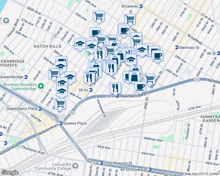 map of restaurants, bars, coffee shops, grocery stores, and more near 37-24 33rd Street in Queens
