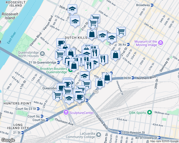 map of restaurants, bars, coffee shops, grocery stores, and more near 39-31 27th Street in Queens