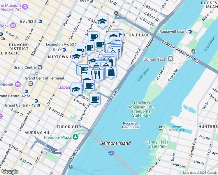map of restaurants, bars, coffee shops, grocery stores, and more near 427 East 50th Street in New York