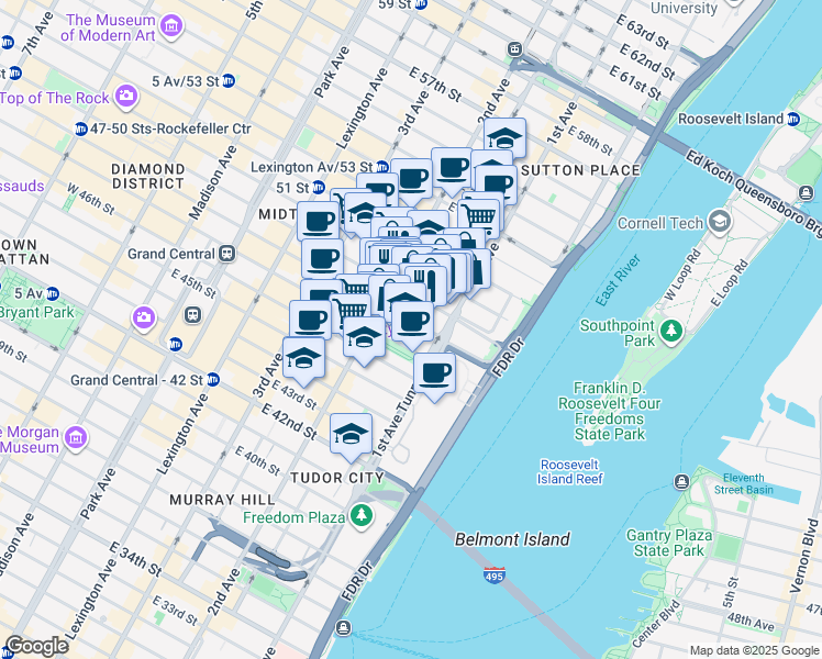 map of restaurants, bars, coffee shops, grocery stores, and more near 320 East 49th Street in New York