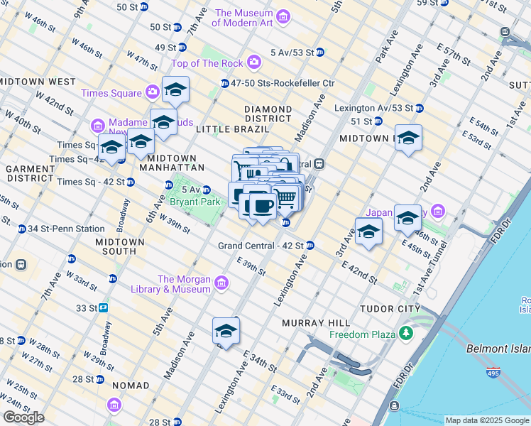 map of restaurants, bars, coffee shops, grocery stores, and more near 331 Madison Avenue in New York