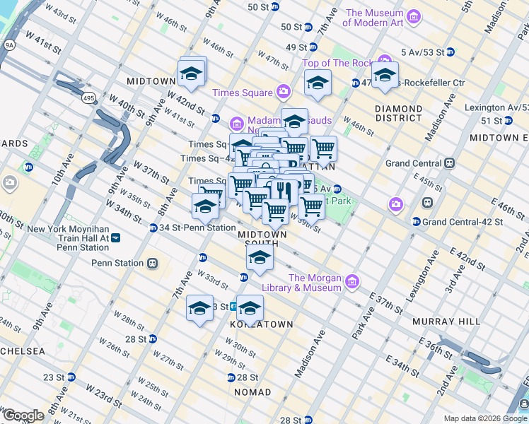 map of restaurants, bars, coffee shops, grocery stores, and more near 109 West 39th Street in New York