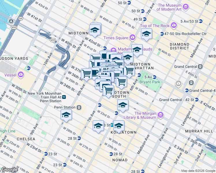 map of restaurants, bars, coffee shops, grocery stores, and more near 525 Fashion Avenue in New York