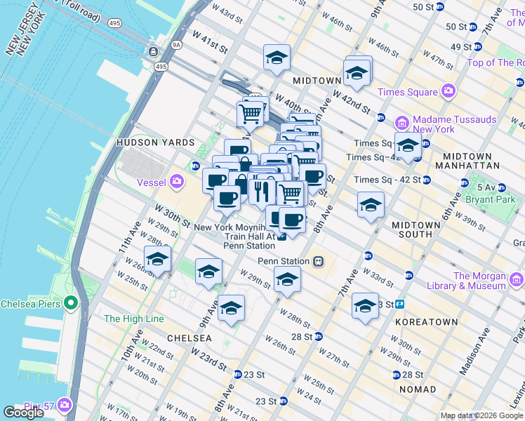 map of restaurants, bars, coffee shops, grocery stores, and more near 369 West 34th Street in New York