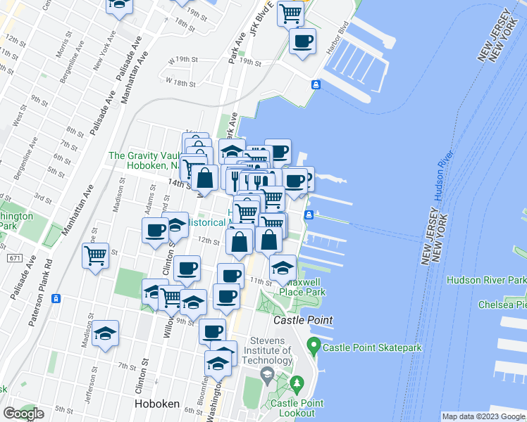 map of restaurants, bars, coffee shops, grocery stores, and more near in Hoboken
