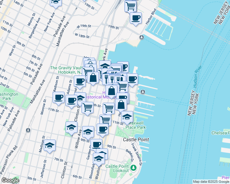 map of restaurants, bars, coffee shops, grocery stores, and more near 108 14th Street in Hoboken