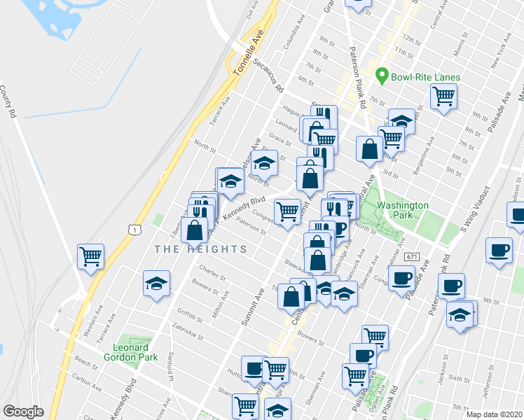 map of restaurants, bars, coffee shops, grocery stores, and more near 105 Graham Street in Jersey City
