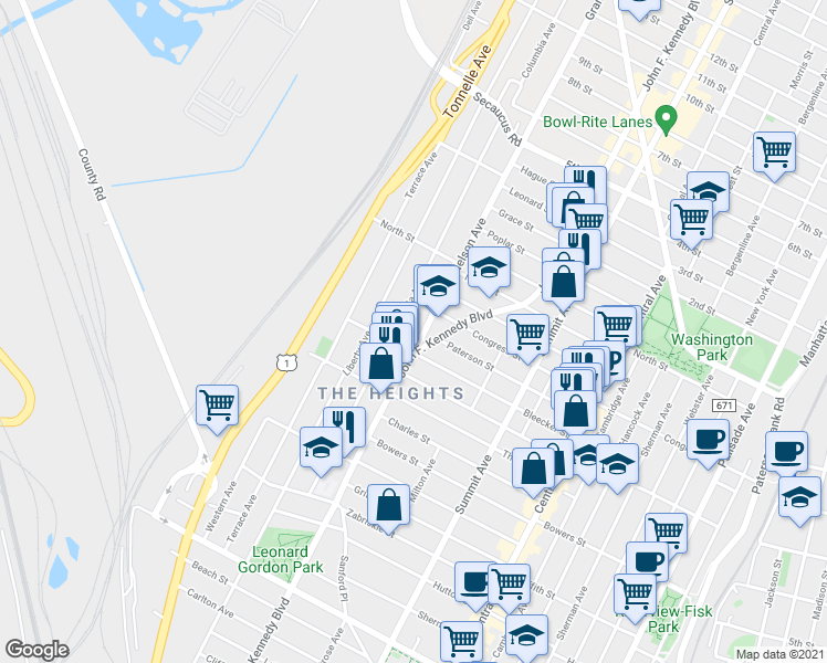 map of restaurants, bars, coffee shops, grocery stores, and more near 153 Columbia Avenue in Jersey City