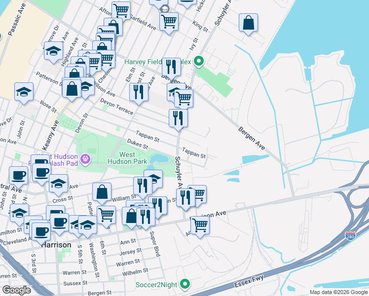 map of restaurants, bars, coffee shops, grocery stores, and more near 223 Hoyt Street in Kearny