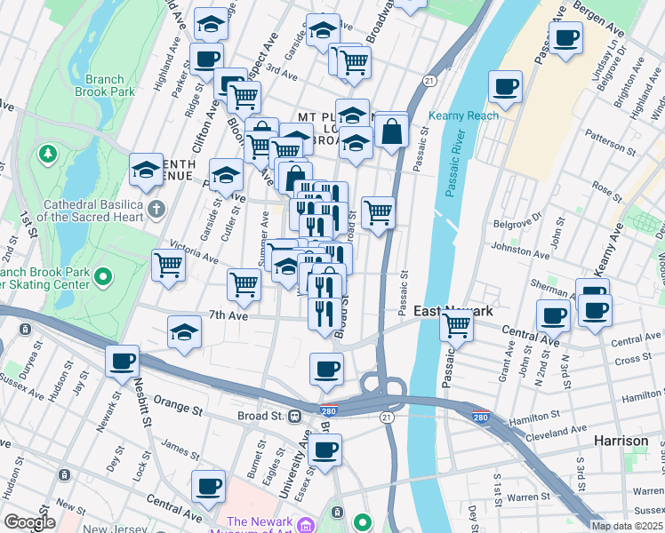 map of restaurants, bars, coffee shops, grocery stores, and more near 95 Broadway in Newark