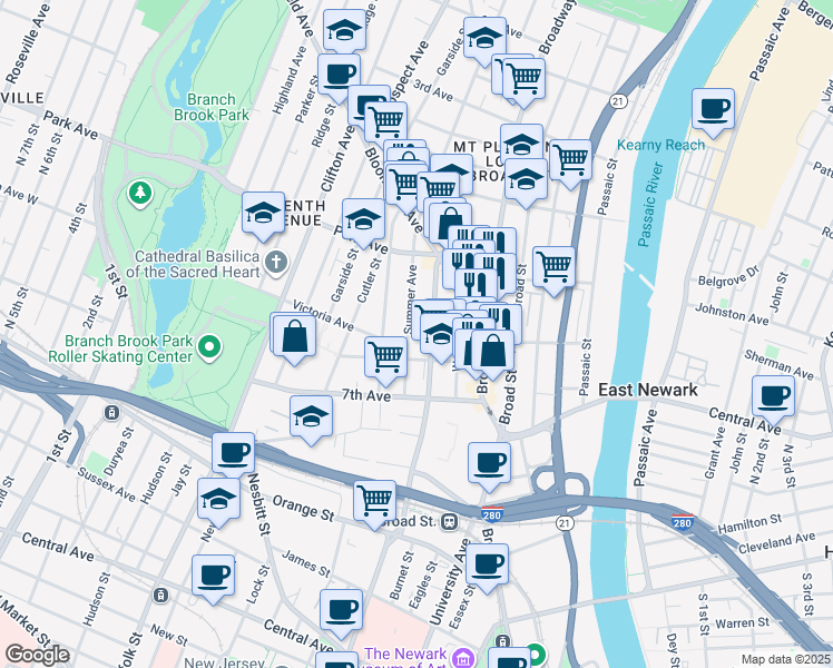 map of restaurants, bars, coffee shops, grocery stores, and more near 85 Summer Avenue in Newark