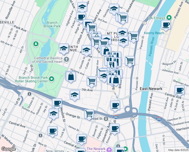 map of restaurants, bars, coffee shops, grocery stores, and more near 85 Summer Avenue in Newark