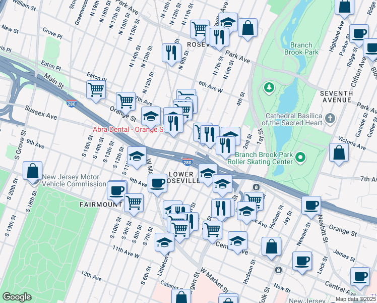map of restaurants, bars, coffee shops, grocery stores, and more near 146 North 6th Street in Newark