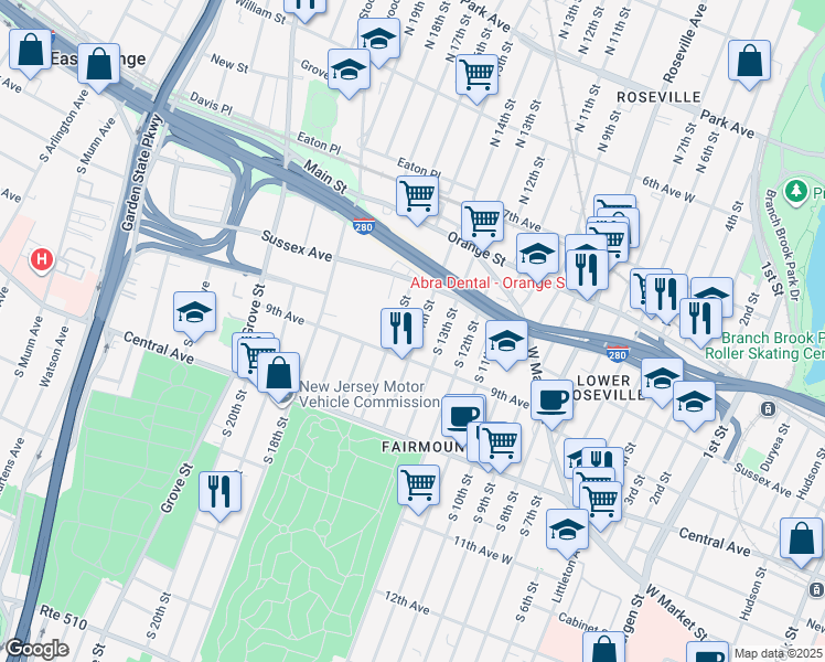 map of restaurants, bars, coffee shops, grocery stores, and more near 26 South 15th Street in Newark