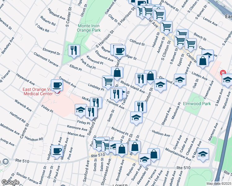 map of restaurants, bars, coffee shops, grocery stores, and more near 68 Bedford Street in East Orange
