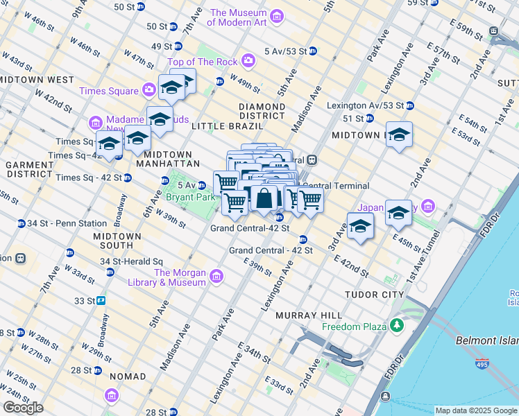 map of restaurants, bars, coffee shops, grocery stores, and more near 317 Madison Avenue in New York