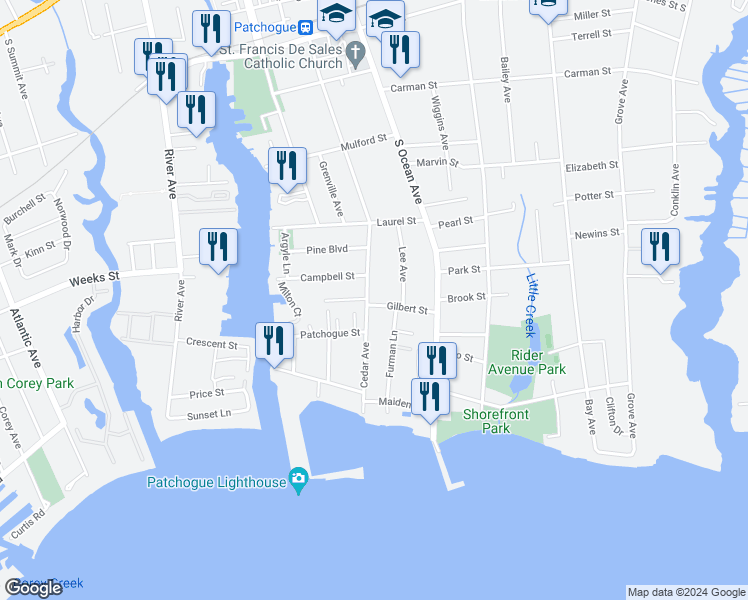 map of restaurants, bars, coffee shops, grocery stores, and more near 229 Cedar Avenue in Patchogue